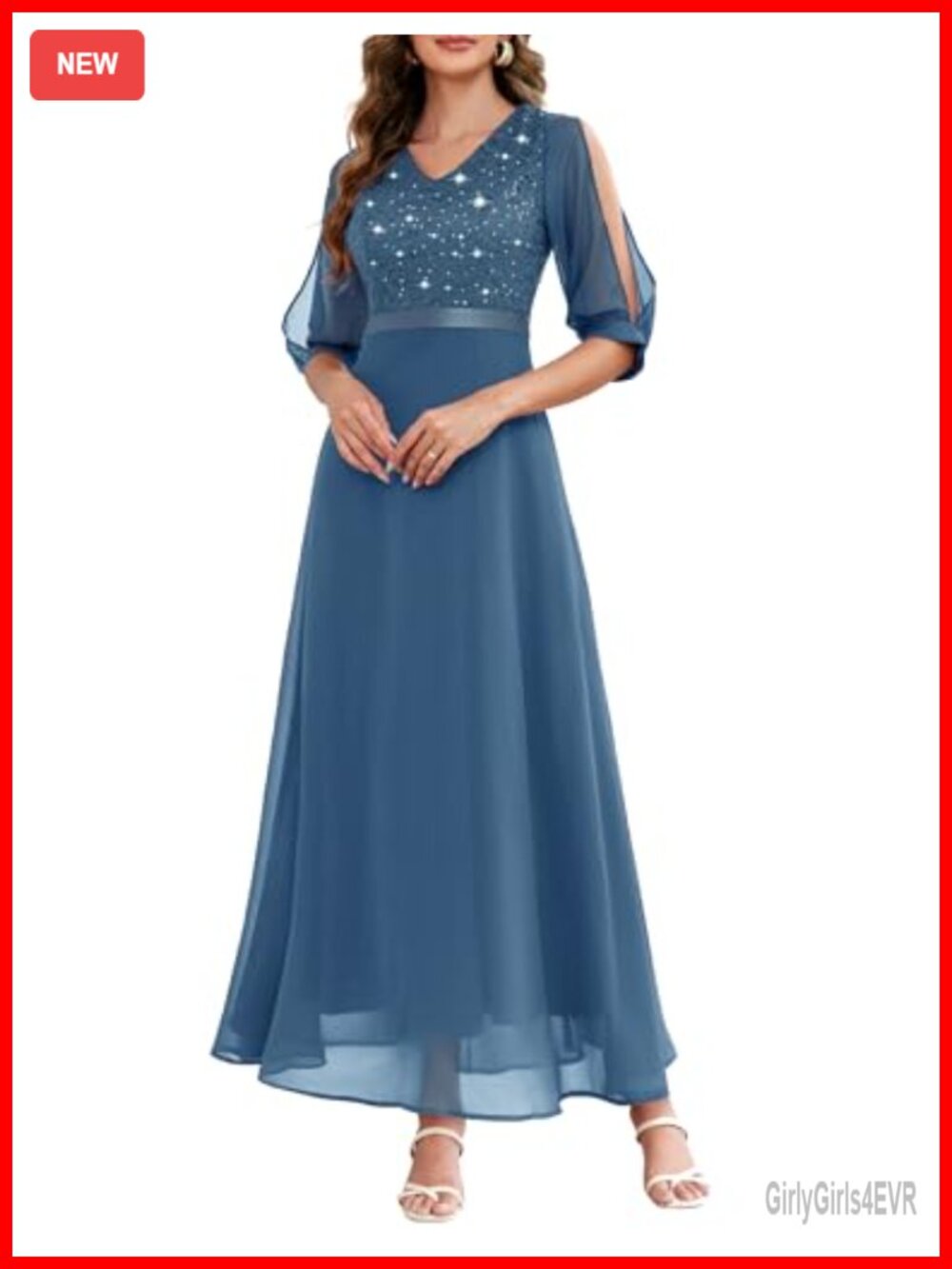 Women's Sequin Lace Formal Maxi Dress 3/4 Sleeve A-Line Prom Evening Gown